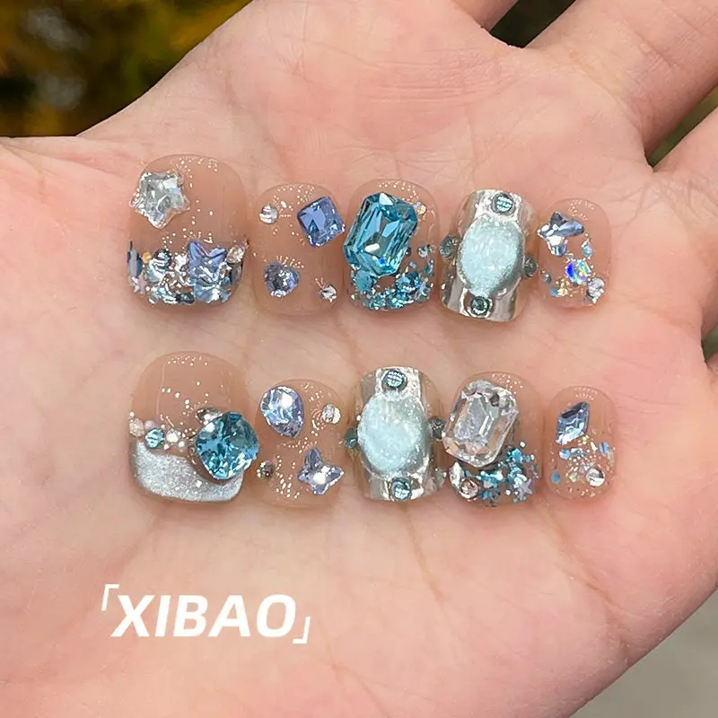 Luxury Aquamarine Crystal Hand‑crafted Press‑on Nails Short Round Square Transparent Nude False Nails Bling Butterfly Zircon Gli