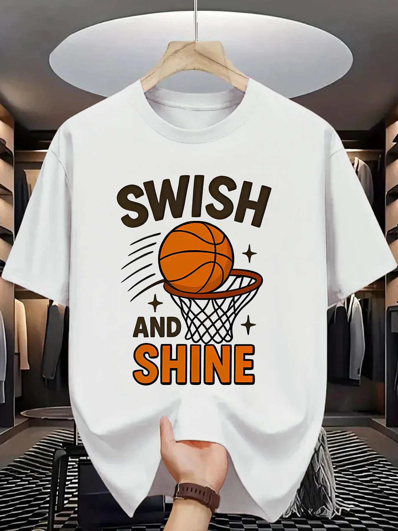 Sports Men Short Sleeve Tshirt Swish And Shine Basketball Net Ball Print O Neck Tee Basketball Lover Male Casual Fashion Tops