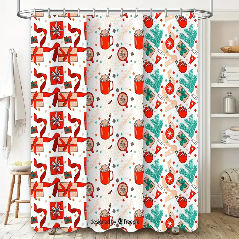 Vintage Christmas Shower Curtain Set Decorative Bathroom Liner for Xmas Decorations Festive Red Green Colors Gift Idea (36 x 72