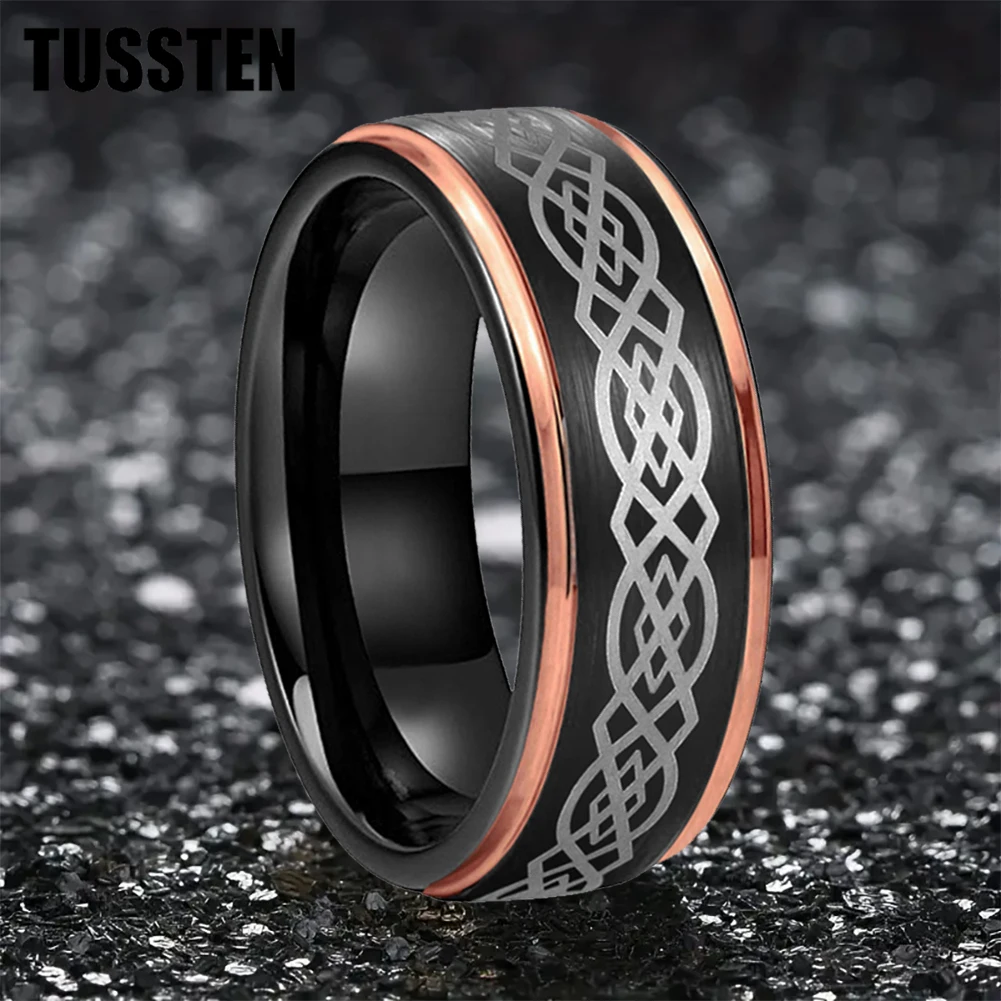 Dropshipping TUSSTEN 8MM Tungsten Carbide Wedding Band Laser Engraved Celtic Knot Pattern Brushed Steped Edges Comfortable Fit