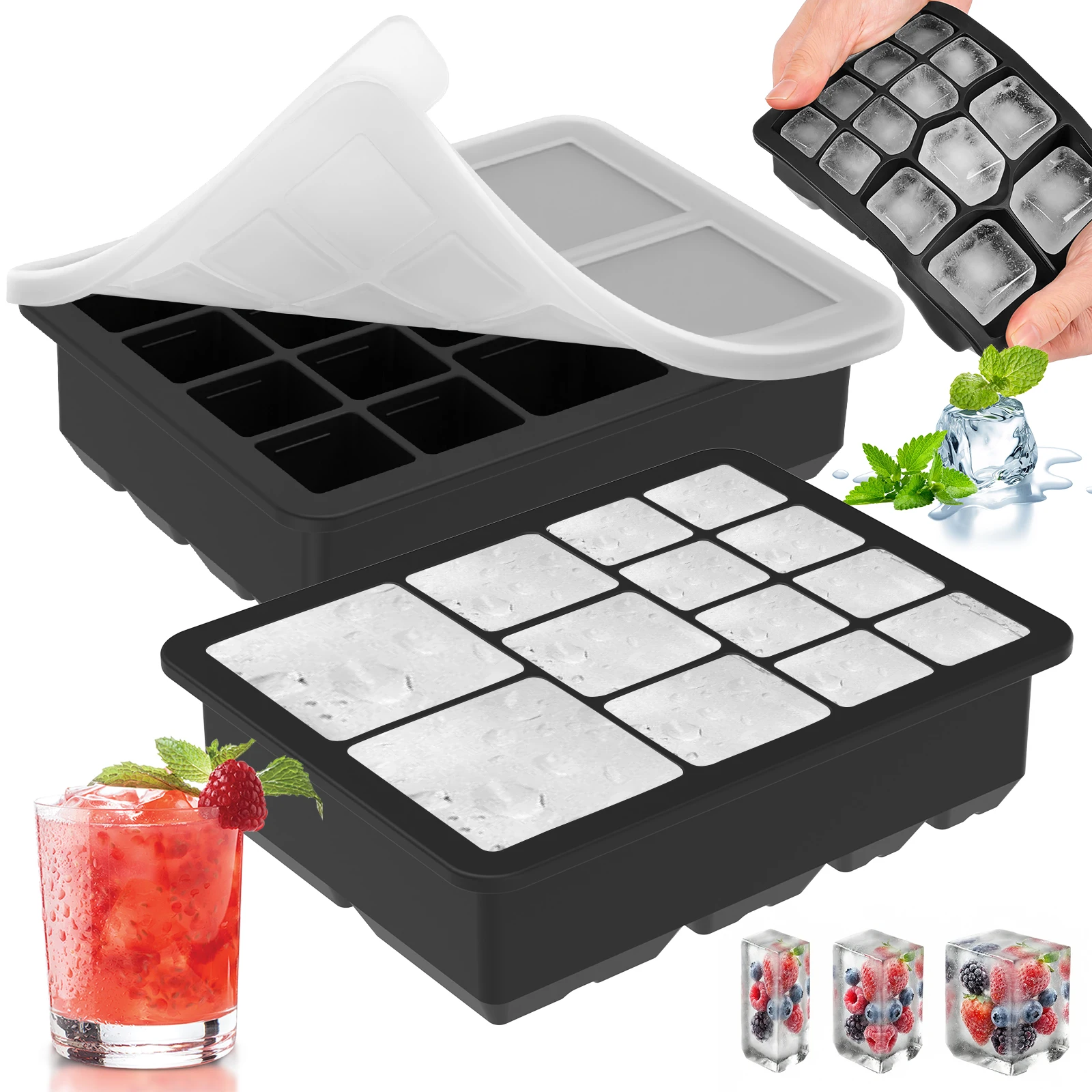 

2Pcs Silicone Ice Cube Tray with Lid Multi Size 13 Grid Square Ice Cube Mold for Freezer Whiskey Cocktail Large Ice Cube Tray