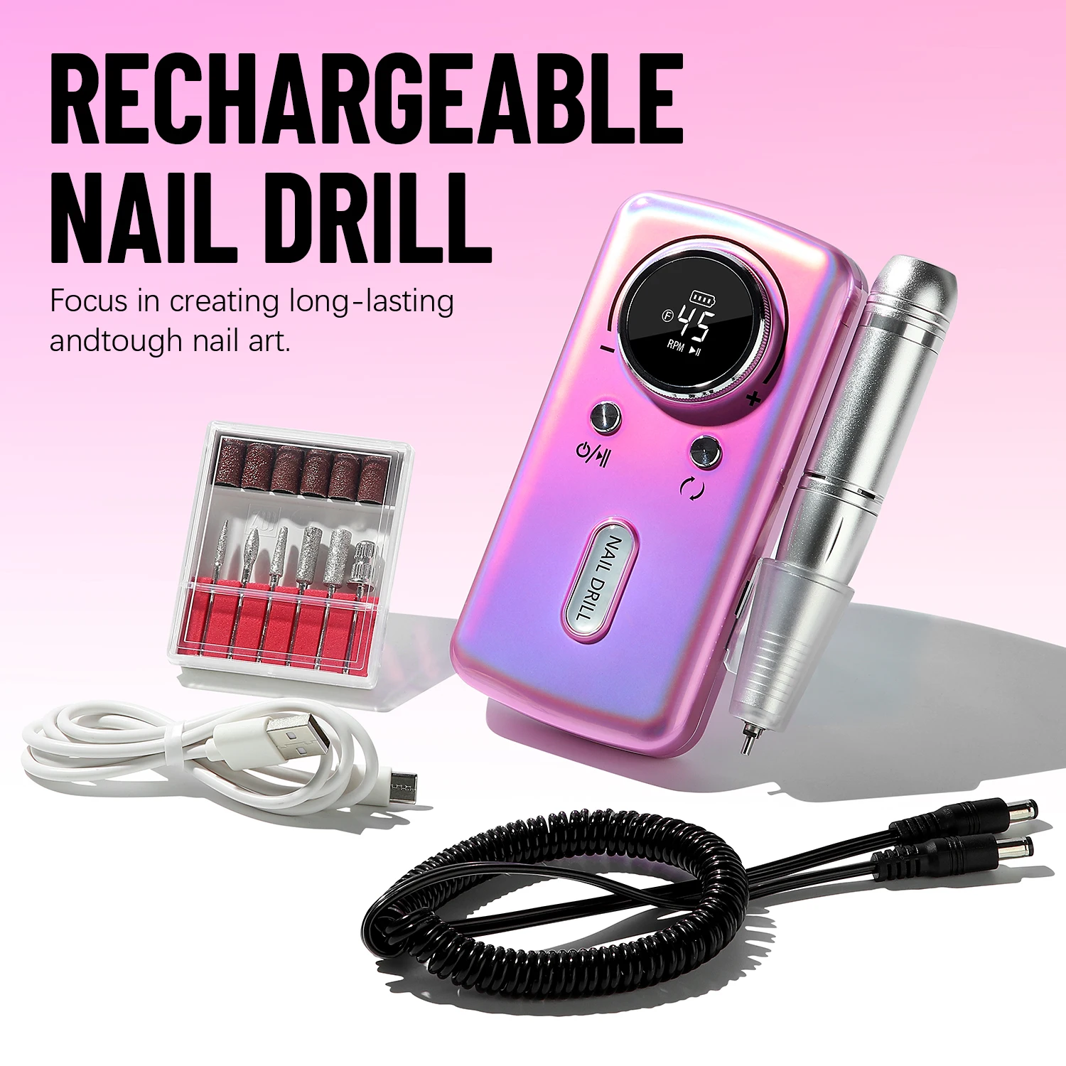 

45000RPM Electric Nail Drill Machine Professional Nail Drills for Gel Nails Polish Rechargeable Portable Nail File Manicure Tool