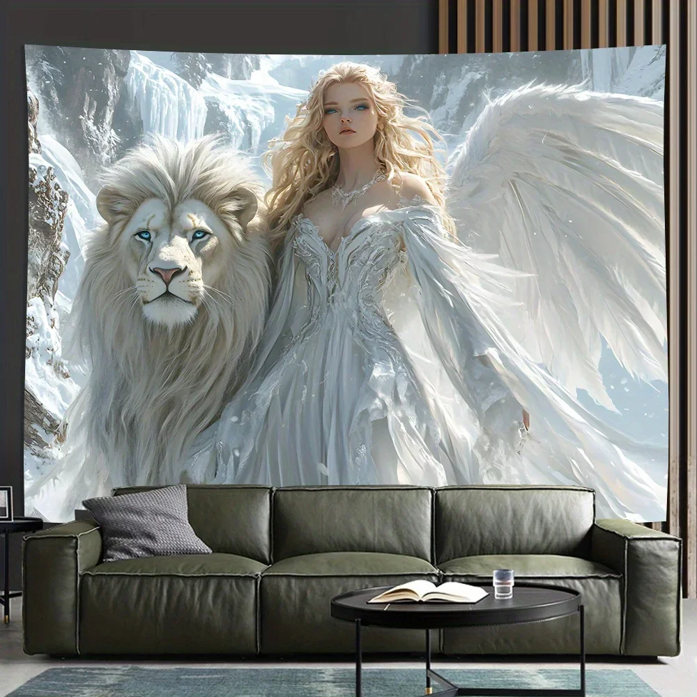 Blonde Woman White Lion Wall Tapestry Perfect For Living Room Bedroom Office Decor Ideal Creative Gift 150x230cm