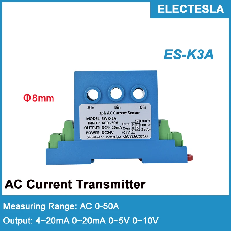 3 Phase AC Current Transmitter 4-20mA 0-5V 0-10V Analog Output DC24V Perforated Three Phase Hall Signal Transducer Sensor