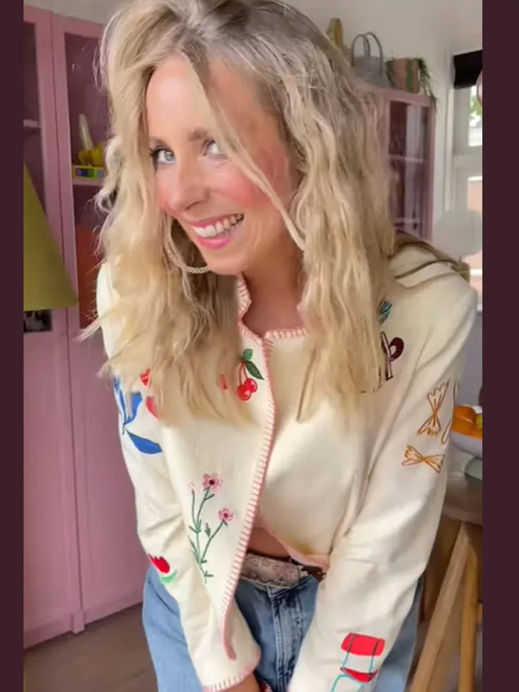 

Embroidered Print Cropped Woolen Jacket Women Casual O Neck Full Sleeve Outwear 2025 Autumn Lady Daily Commuting Street Jackets