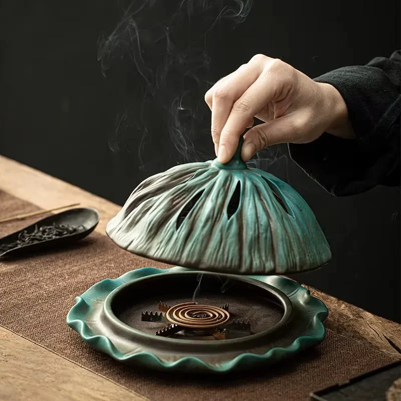 Lotus Root Plate Mosquito Incense Burner Household Ceramic Incense Burner Japanese Lotus Leaf Sandalwood Burner