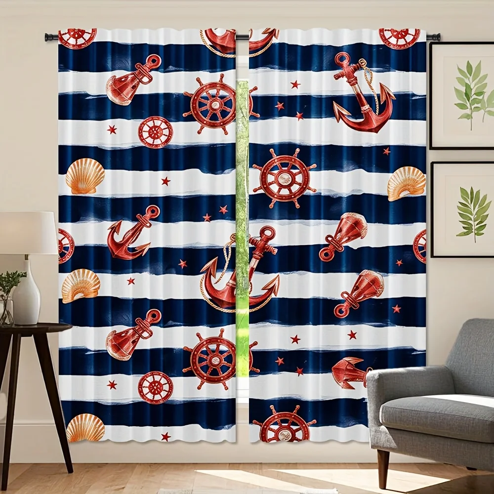 2pc Red anchor and ship's wheel pattern curtains, made of polyester, machine washable, suitable for living room and bedroom.