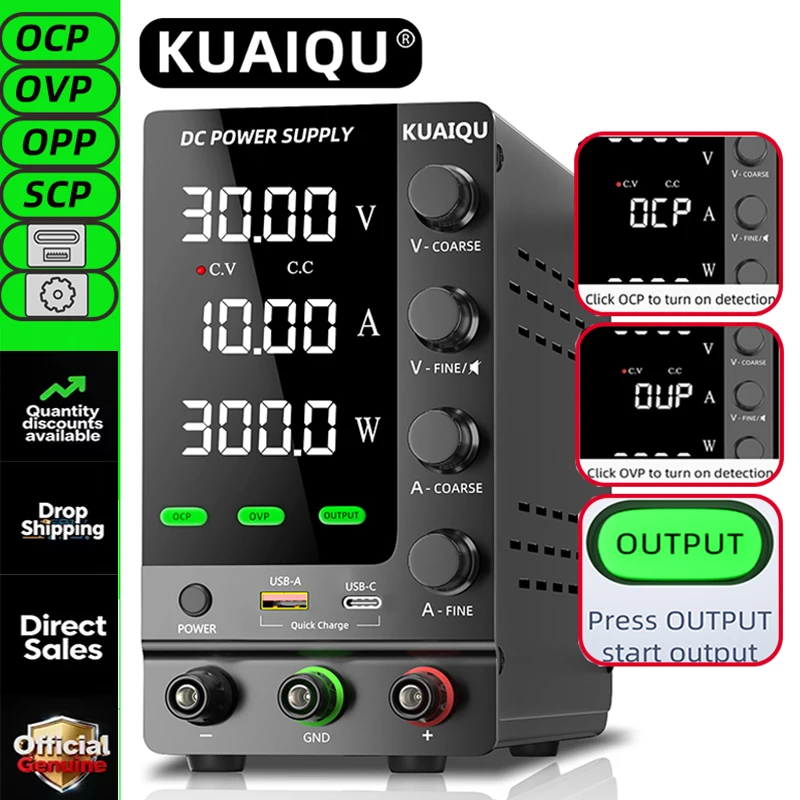 KUAIQU Upgraded SPS-C3010 DC Power Supply 30V 10A OCP OVP OUTPUT Swith Encoder Adjustment USB Type-C Quickly Charging 60V 120V
