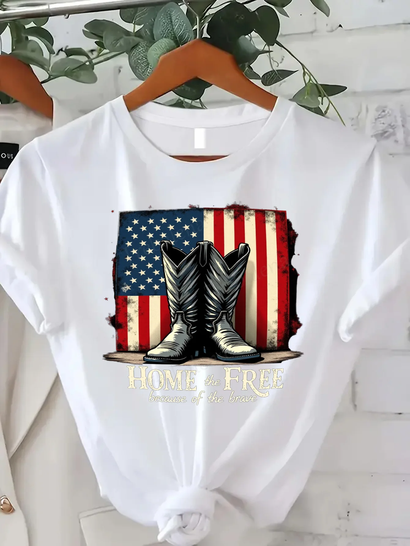

Women T-shirt Cowboy Boots & Flag T-Shirt - Home of the Free, Patriotic Women's Tee