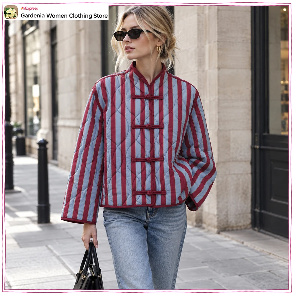 Stylish Women's Striped Quilted Jacket with Frog Fastenings Autumn Casual Stand-up Collar Long Sleeves Quilted Coat with Pockets