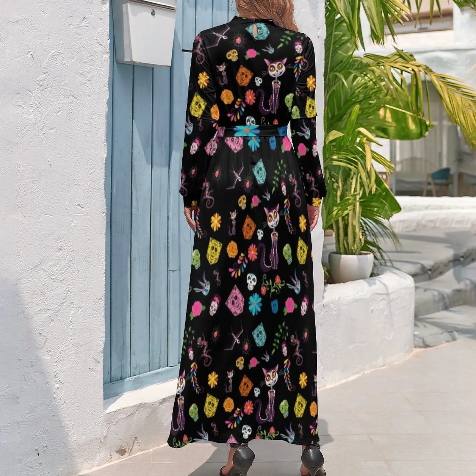 Sugar Skull Cat Dress Day of The Dead Street Style Beach Dresses Woman Long Sleeve High Waist Modern Long Maxi Dress