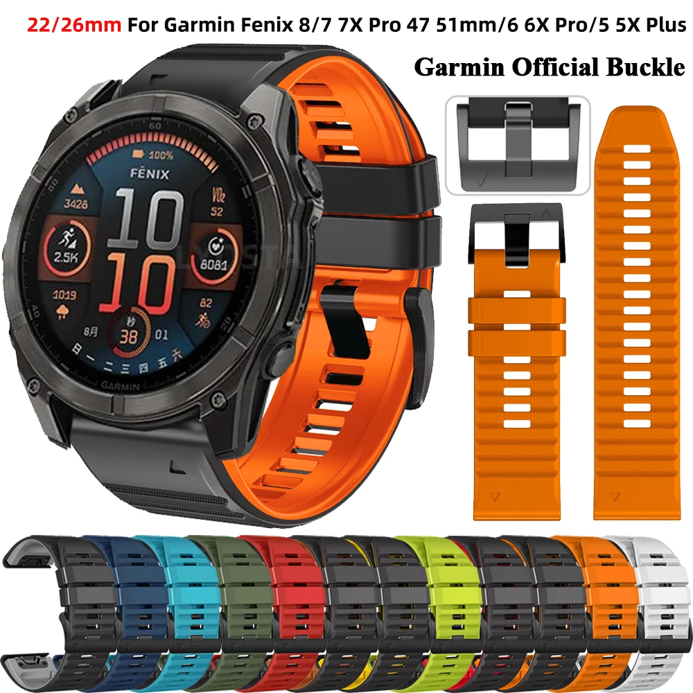 22/26mm Smartwatch Bracelet Strap For Garmin Fenix E 8 7X 7 Pro 47 51mm 5X 5 Plus 6X 6 Pro QuickFit Original Silicone Watchband