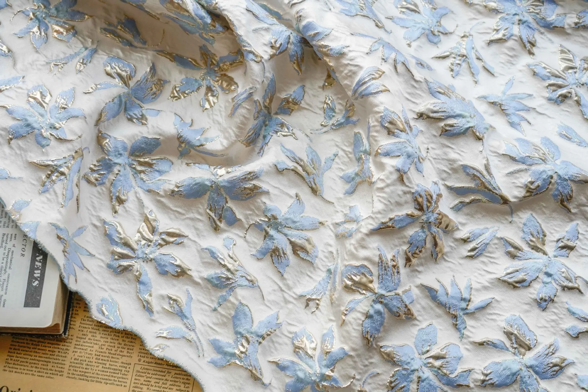 Light Blue Gold Embossed Flower Silk Damask Fabric Brocade Jacquard Fabrics Wedding Dress DIY Sewing Clothing Material By Meter