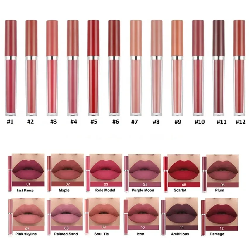 Private Label 12 colori rossetto liquido opaco tazza antiaderente di lunga durata facile da applicare Sexy Red Pink Nude Lip Gloss Bulk