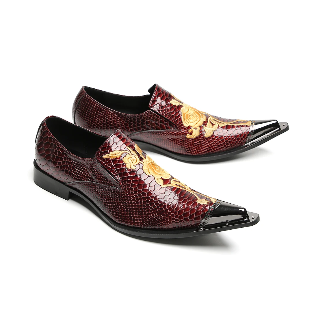 Schwarze Herren-Kleiderschuhe aus Leder mit goldener Blumenstickerei | Schlange – Hautstruktur und spitzes Zehen-Design – Detail 17