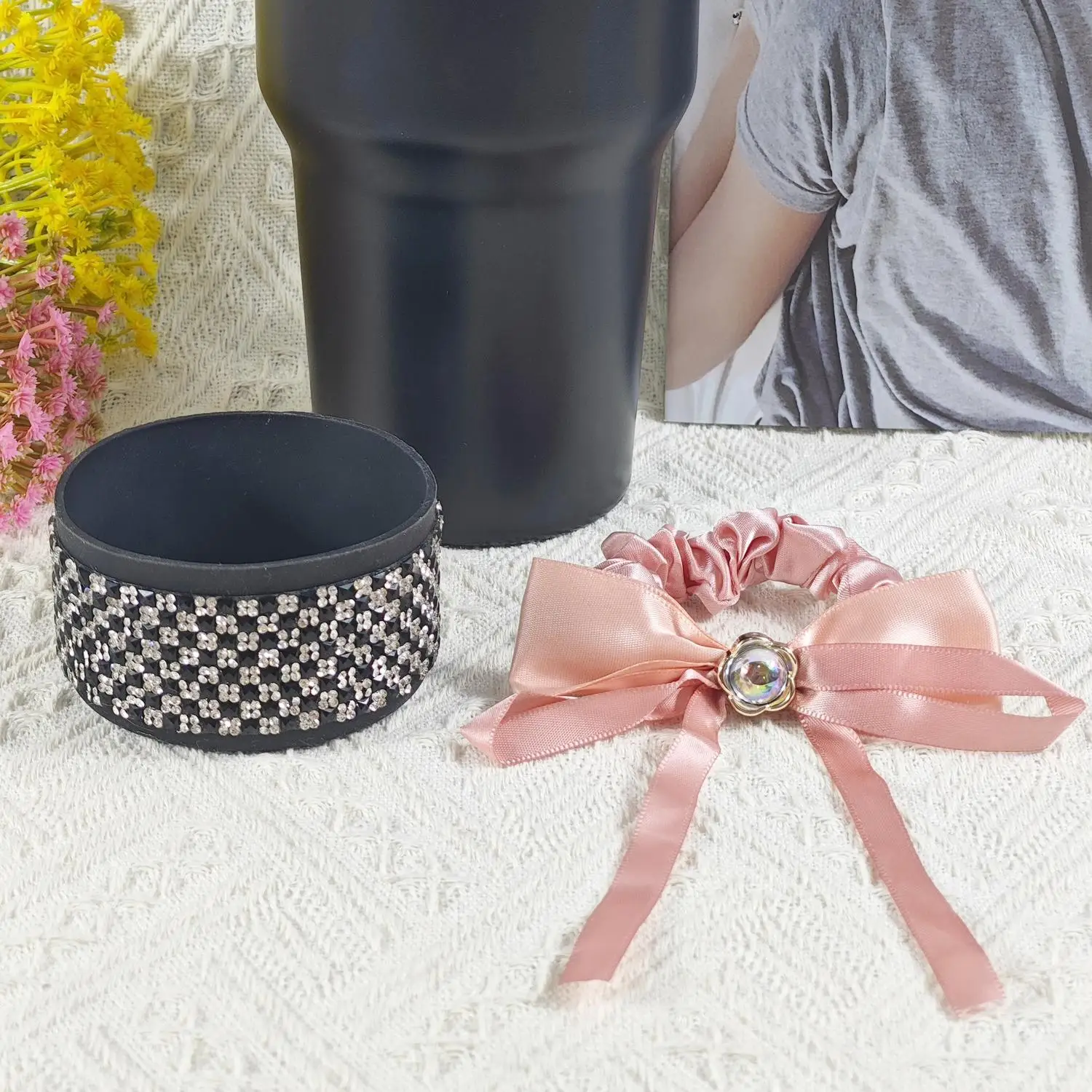 Fashion Plaid Diamond Sparkling Long-Ribbon Bow Hair Tie Silicone Cup Sleeve Tumbler Base Cover - Cross-Border New Arrival