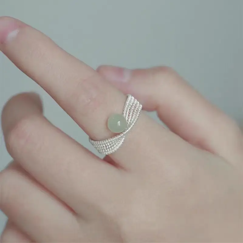 PANJBJ 925 Sterling Silver Hotan Jade Texture Ring For Women Weave Bead Irregular Retro Ethnic Open Jewelry Gift Dropshipping