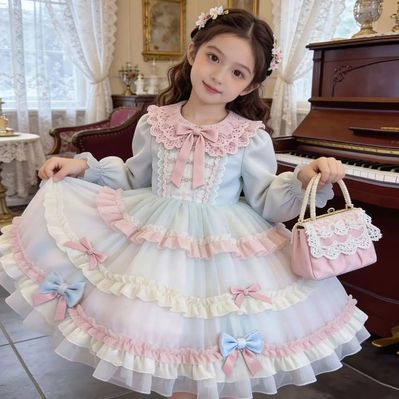 Girls Long Sleeved Lolita Palace Dress Spring Autumn New Style Children's Fashion And Elegant Dress for Little Princesses 3-9Y