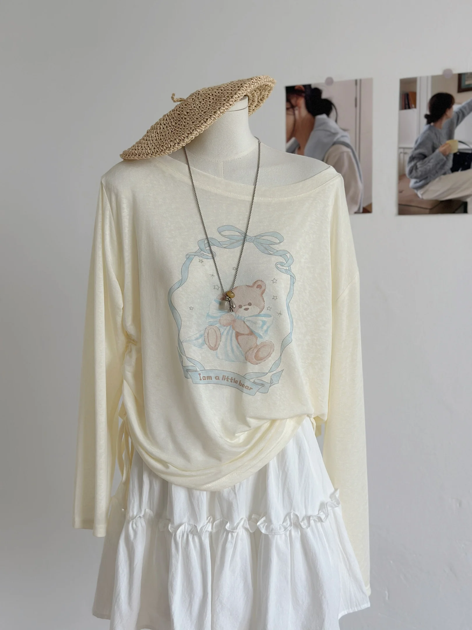 Summer 2026 New Style Women's Bear Print Loose Fit Long Sleeve Drawstring Sun Protection T-Shirt Casual Backless Thin Transpa...