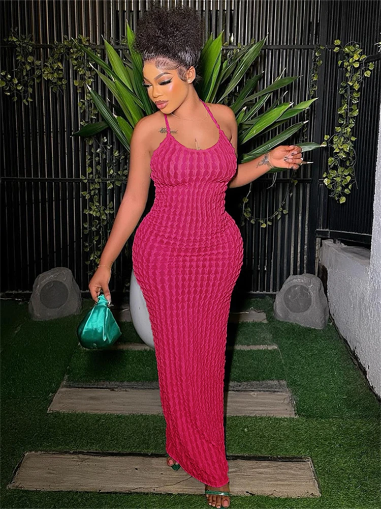 Kliou solide froncé Spaghetti sangle pansement Maxi robe femmes décontracté sans manches dos nu moulante dames fête Streetwear robes