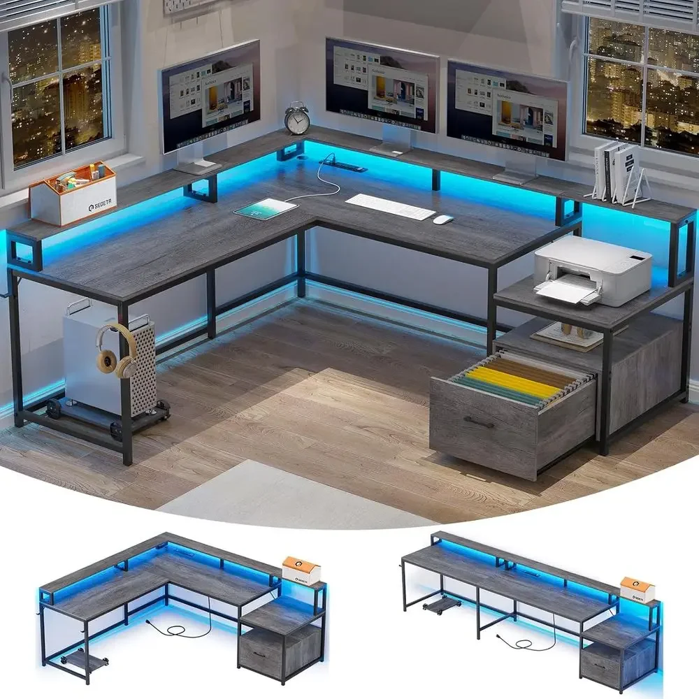 66 L-Shaped Home Office Desk with Wooden File Drawer, Power Outlet, LED Lights, Monitor Shelf, Printer Storage, Two-Person Grey
