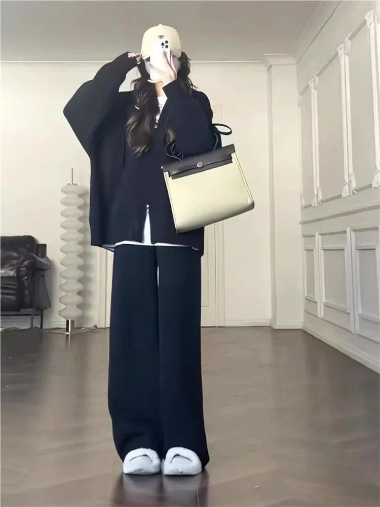 ชุดเซ็ต 2 ชิ้น เสื้อฮู้ดมีซิปและกางเกงขายาวทรงหลวมสไตล์ลำลองสำหรับผู้หญิง ผ้าถัก ชุดแฟชั่นเสื้อผ้าถักทรงตรง