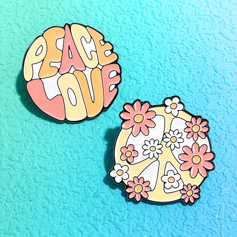 Cartoon Peace Love Pins 2-design Enamel Flower Words Round Badge Pin For Denim Jacket Backpack Brooch Friends Gifts