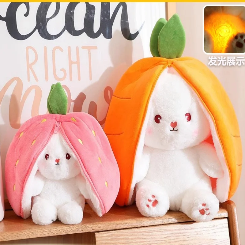 

25cm Creative Doll Shine With Music Carrot Rabbit Plush Toy Stuffed Soft Hiding In Strawberry Toys For Kids Birthday Gift