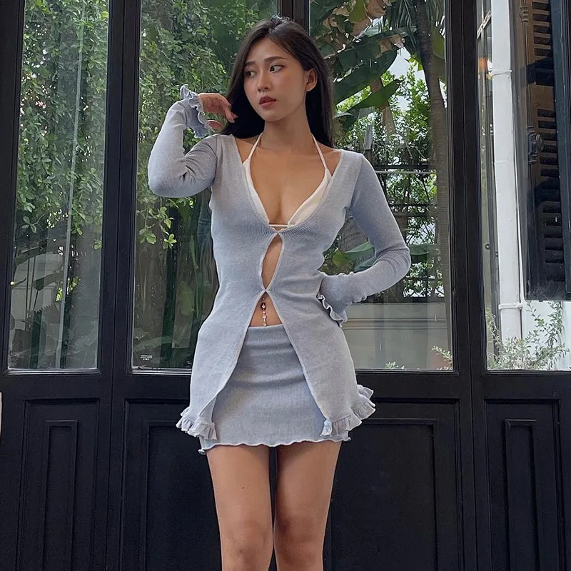 2023 Autumn New Women's Fashion Pure Wind Temperament Elegant Sexy Short Skirt Solid Color Slim Slim Hot Girl Hip Skirt Suit