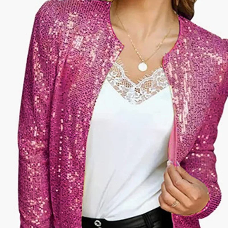 2024 Spring New Women's Fashion Stand Up Collar Solid Color Sequin Short Casual Versatile Small Coat