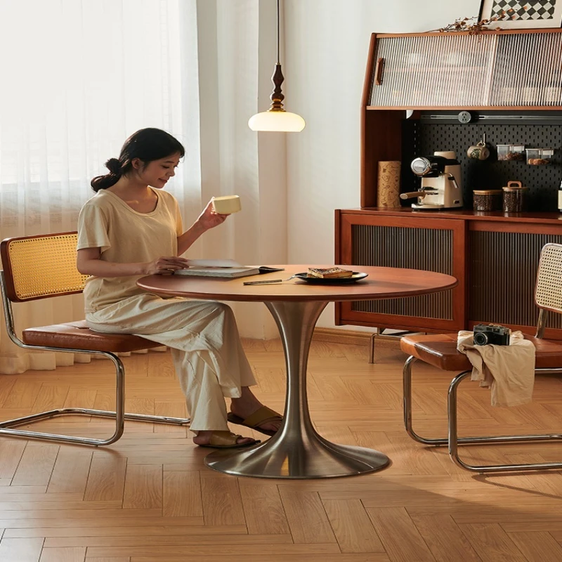 

Retro dining table solid wood small apartment, medieval style round table dining table Nordic light luxury simple stainless