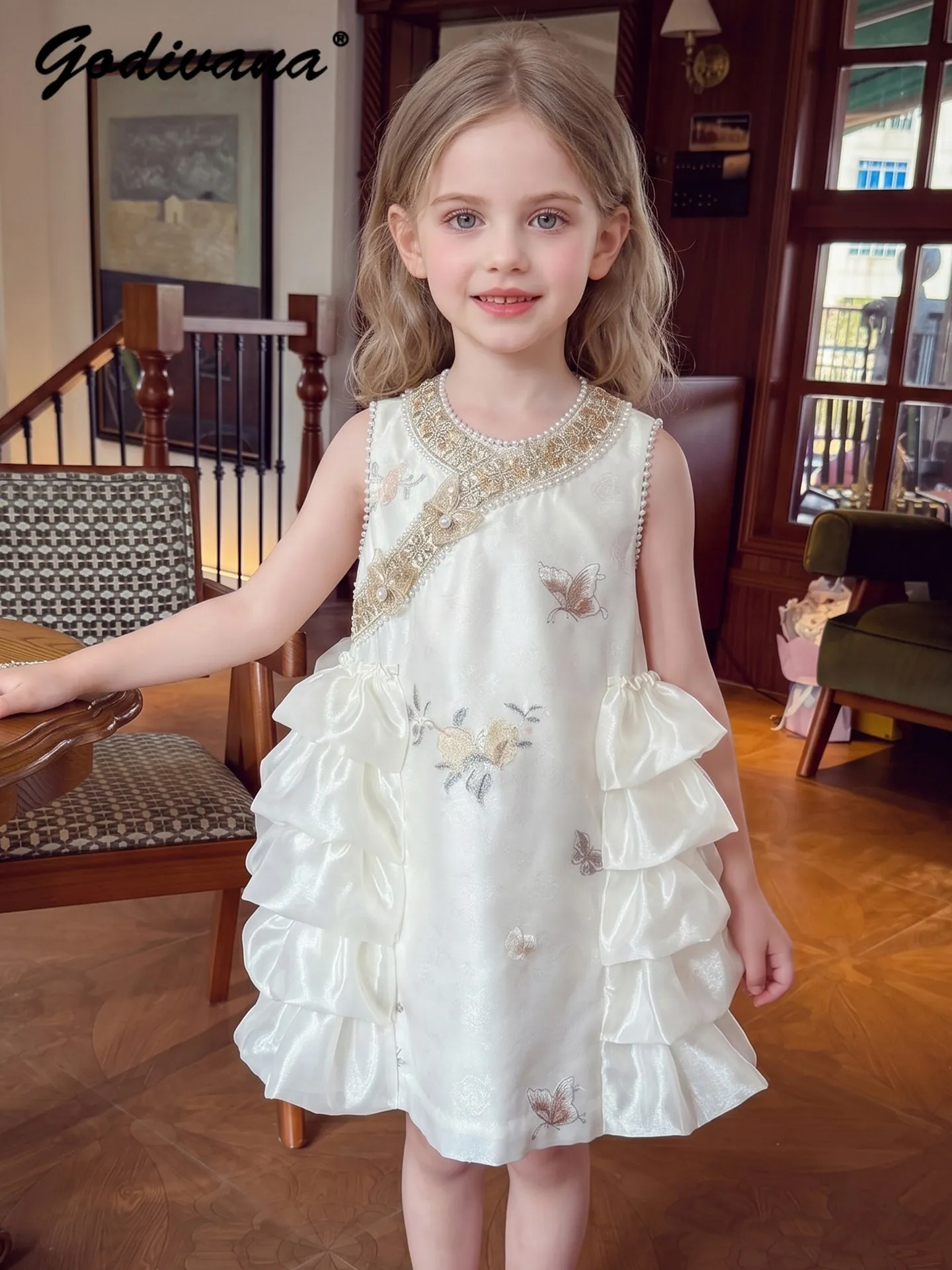 Girls Sweet Cute Princess Tank Dress Summer 2026 New Kids Modern Chinese Cheongsam Floral Embroidery Pearls Ruffle Puffy Dress