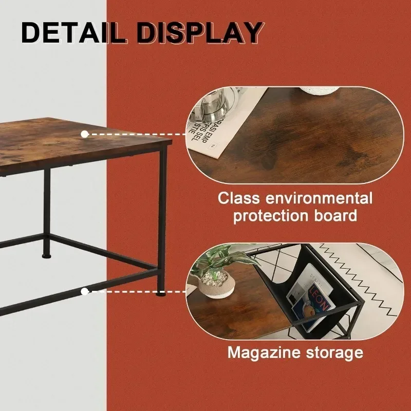 Коричневый прямоугольный журнальный столик из дерева и металла с полкой для хранения для небольших гостиных с карманом