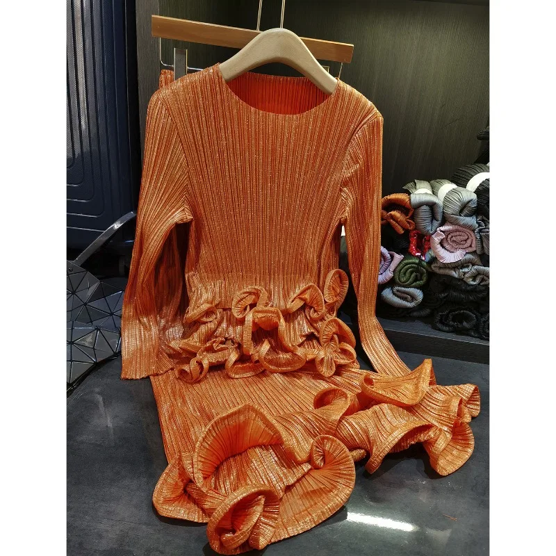 

Miyake плиссированный комплект с плиссированной юбкой, комплект из 2 предметов с рюшами, новинка осени 2025, модный топ со складками и круглым вырезом, бюстье, юбка, складной комплект