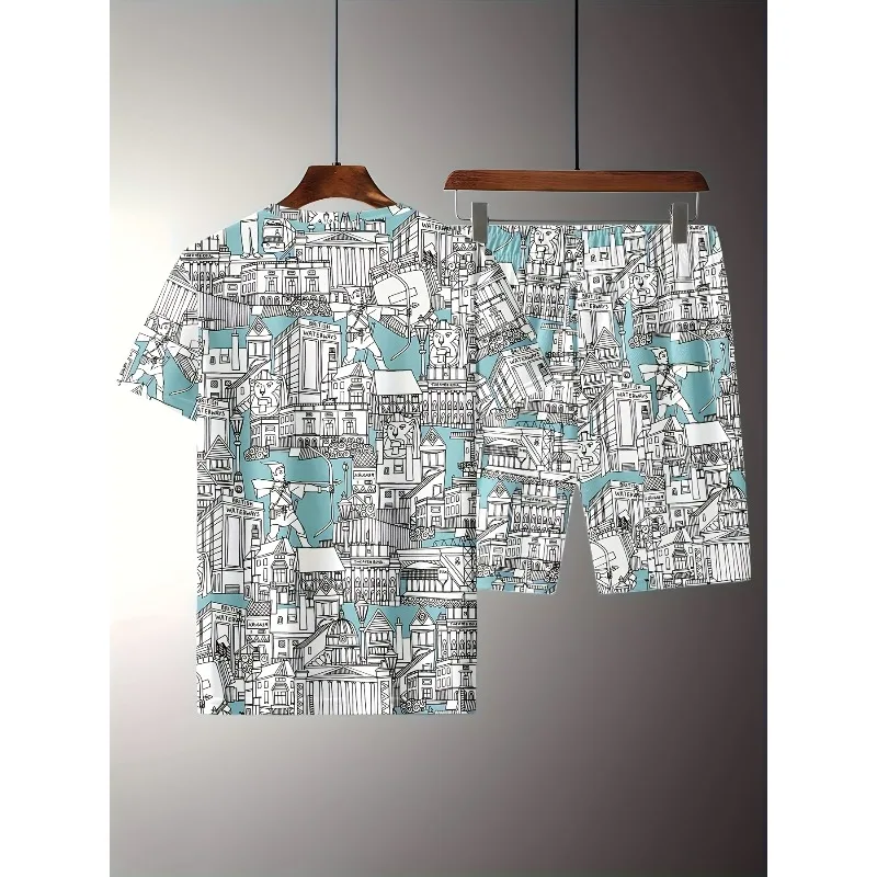 2025 Personalized 3D Printed Summer Round Neck Short Sleeved T-shirt and Shorts Set for Men's Daily Leisure Sports Street Travel