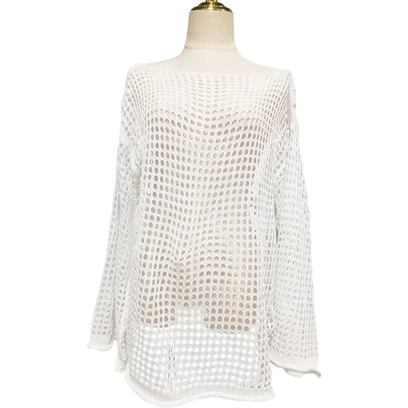 Womens Sweater Beach Wear Summer New Mesh Hollow Knitted Sweater Swimsuit Beach Bikini Blouse Sunscreen
