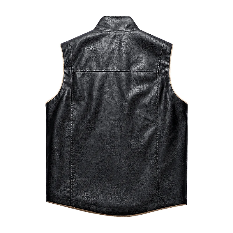 سترة جلدية للرجال موضة خريف وشتاء 2025 سترة جلدية غير رسمية دافئة بياقة واقفة بدون أكمام سترة جلدية للرجال