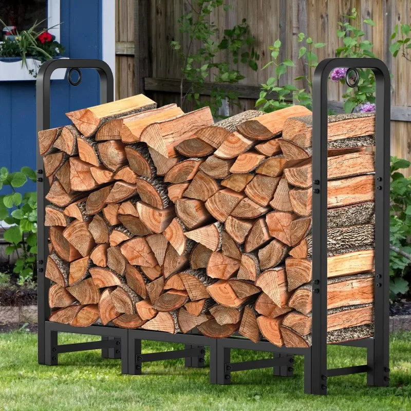 Support pour bois de chauffage robuste, support pour bûches, intérieur/extérieur, rangement en bois noir, accessoires pour outils de cheminée à domicile