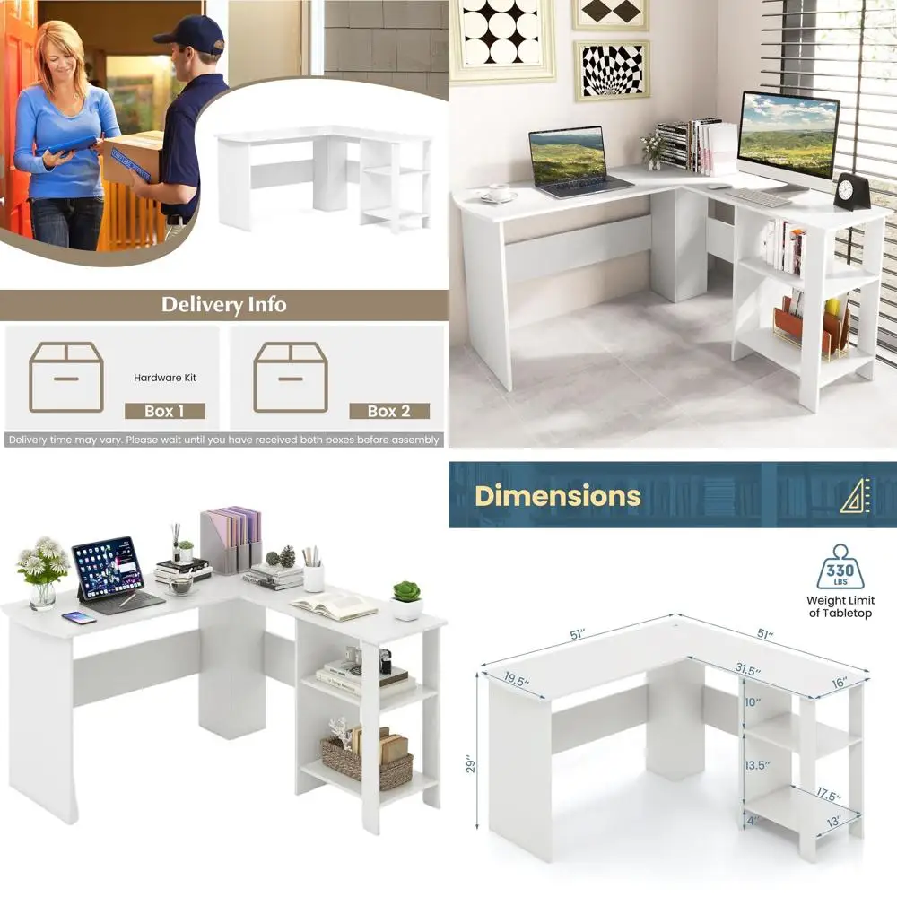 

51-дюймовый L-образный стол с местом для хранения и открытыми полками - белый, идеально подходит для офиса, игр, учебы и домашнего кабинета.