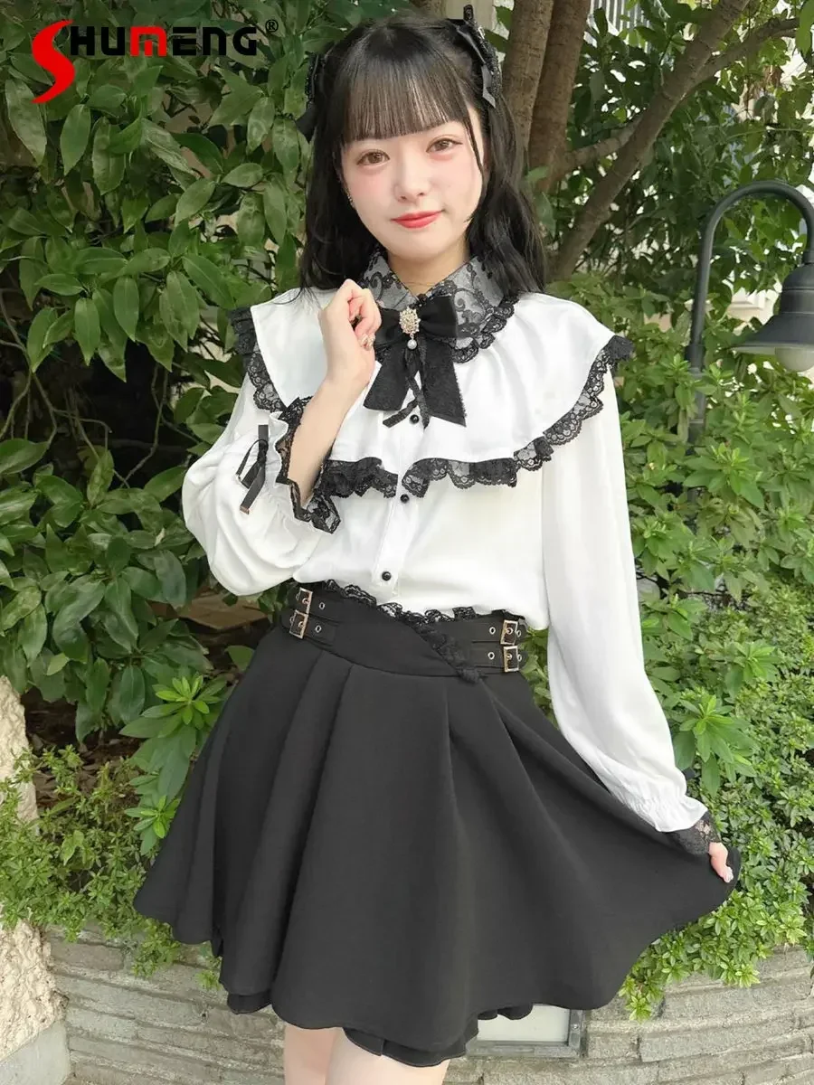 

Japanese Cute Rojita Girl Bow Ruffled Shirt 2023 Fall College Sweet Mine Mass-Produced Cloak Bow Lace Long Sleeve Blouse Female