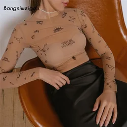 Bangniweigou mesh skin color see through bodysuit women party wear letter print bodycon leotard rompers slim transparent clothes