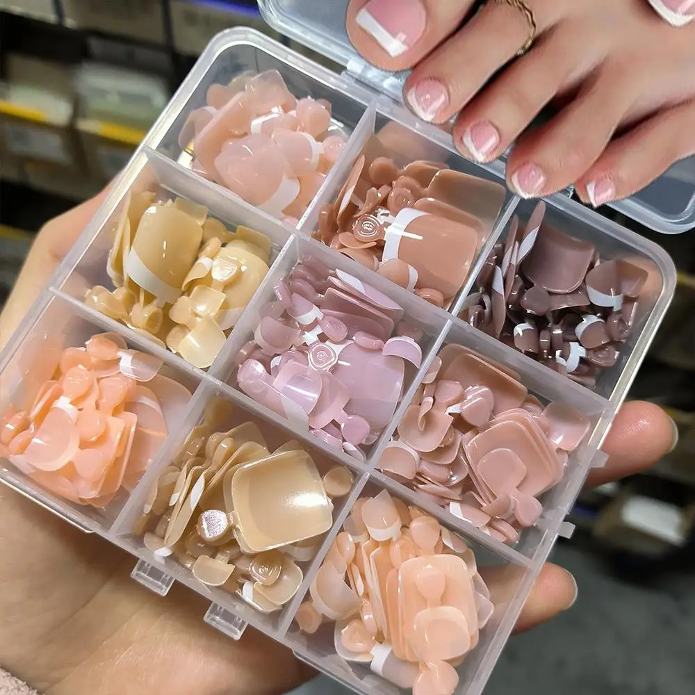 

120/216Pcs Short Square French Fake Toenails 9Colors Full Cover Press On Toe Nails White Edge Design Glossy Nude Pink False Nail