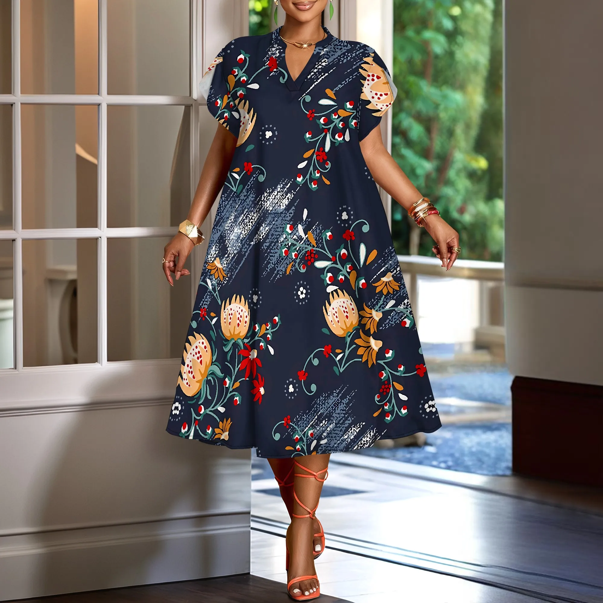 Nupusa Floral & Stripe Print Dress for Women Regular Size Summer Casual V Neck Short Sleeve Midi Dress