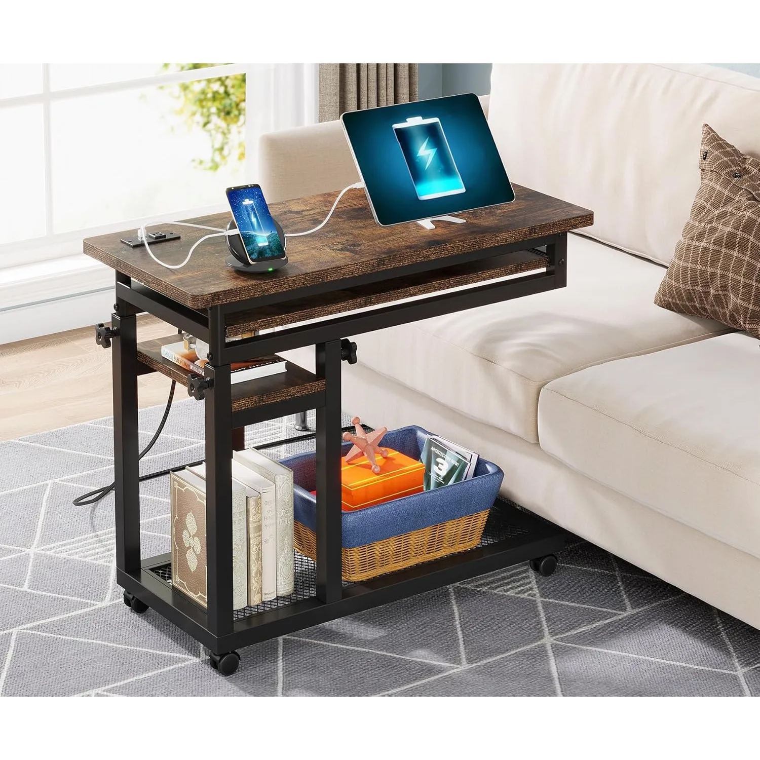 Mesa de noche para ordenador portátil, sofá ajustable en altura, escritorio de pie móvil, carrito de ordenador rodante, mesa auxiliar C con puertos USB