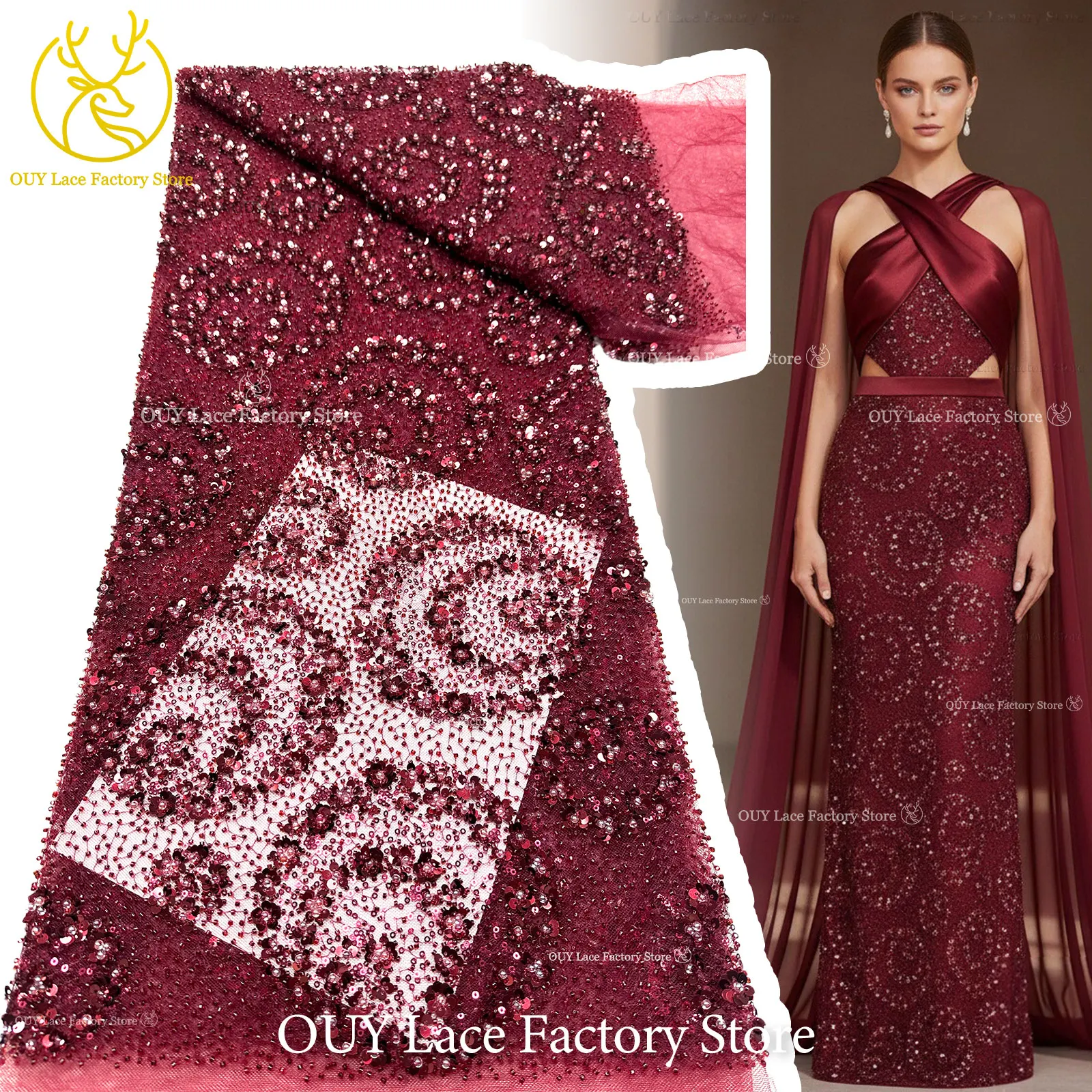 Exquisiter, eleganter nigerianischer bestickter Tüll-Spitzenstoff mit Perlen und Pailletten für Damen, zum Nähen von Ballkleidern. – Detail 6