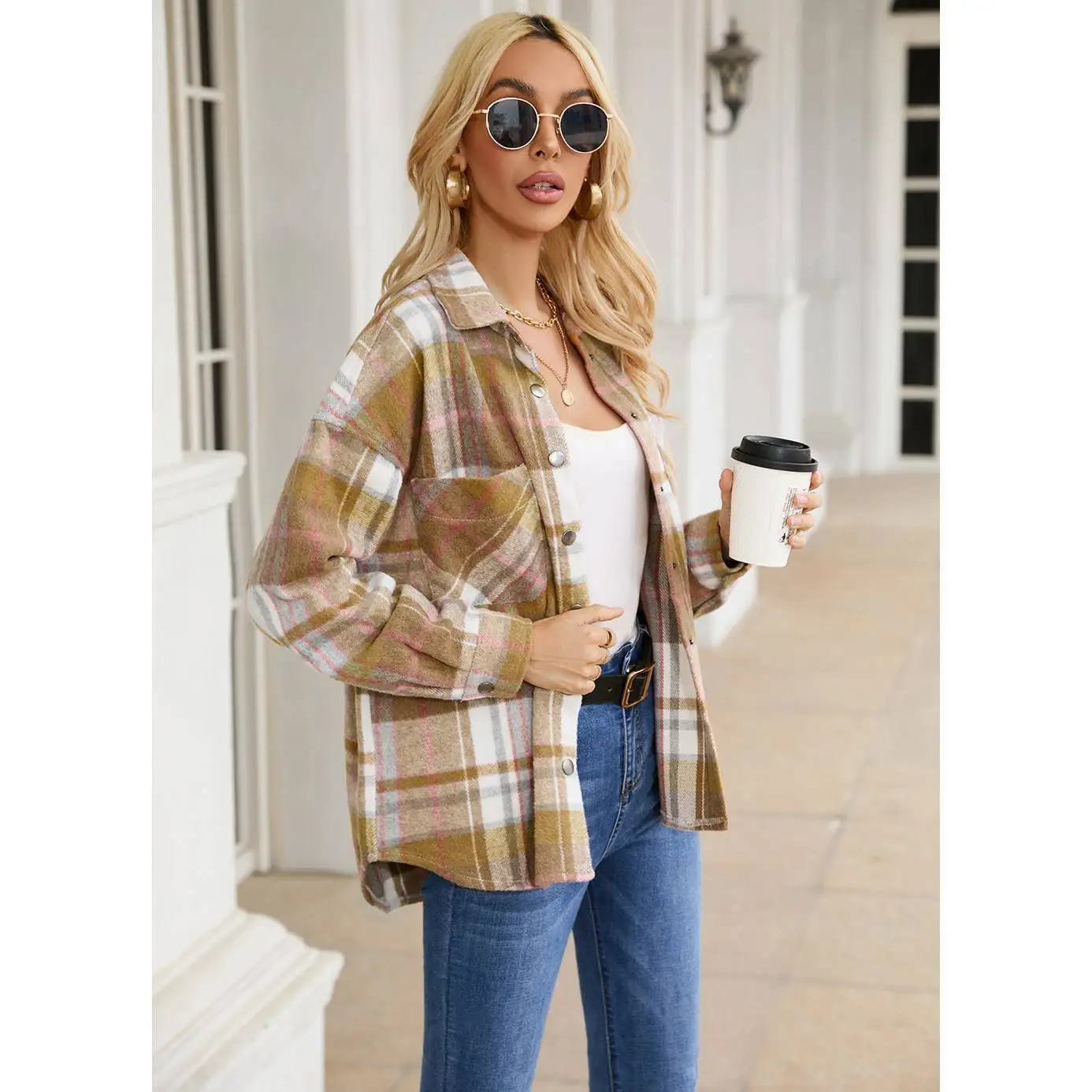 

Women's Plaid Woolen Coat Loose Fit Turn-down Collar Long Sleeve Winter Fashion Casual Outerwear Thick Polyester Fiber