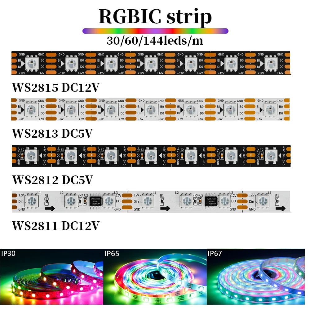 WS2812B RGBIC LED light 30/60/144leds/m WS2812 WS2815 WS2811 WS2813 colorful Addressable Individually strip lamp Outdoor Waterpr