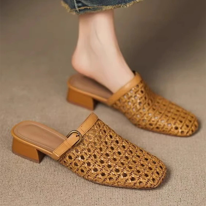 Square Toe Block Heel Slippers Women's Wrapped Toe Shallow Mouth Woven Flip Flops with Metal Buckle Soft Slip