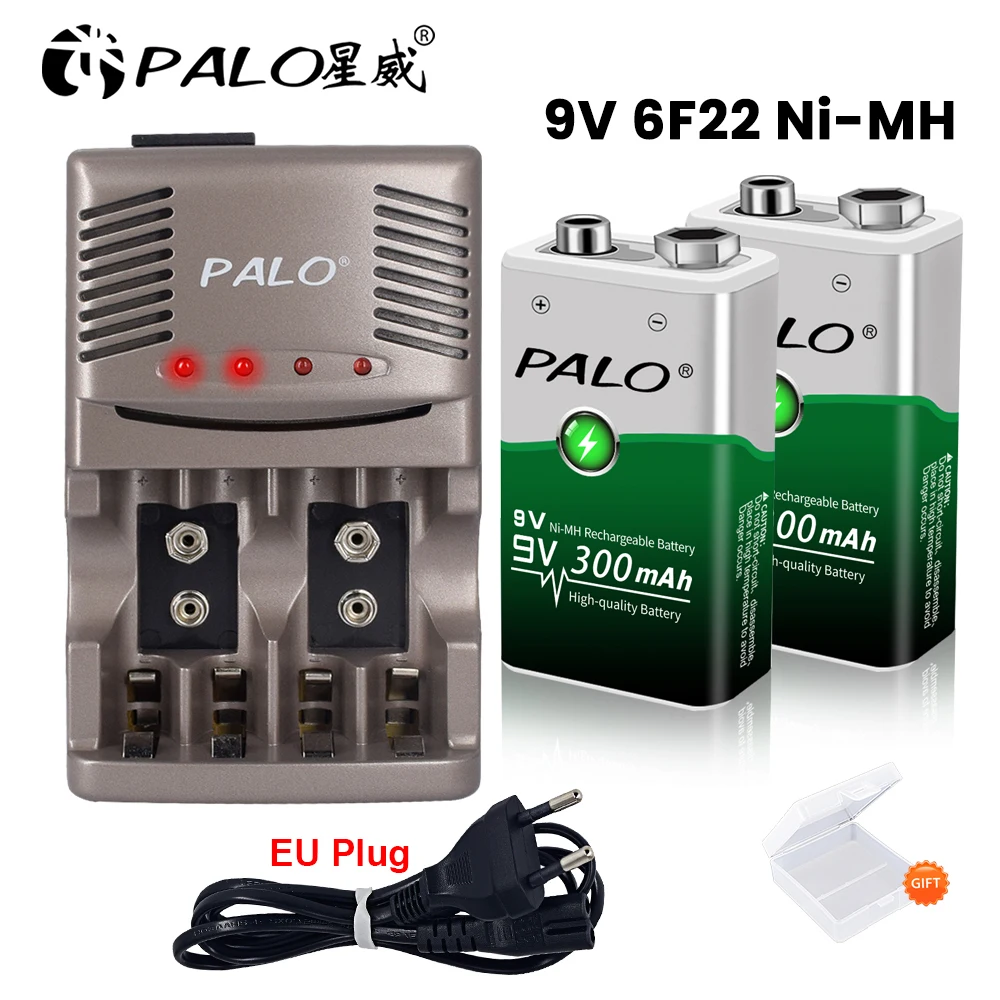 

PALO 2-6pcs 9V NI-MH Rechargeable Battery 6F22 300mAh 9V Batteries with LED Charger for 1.2V AA AAA 9V NIMH Rechargeable Battery