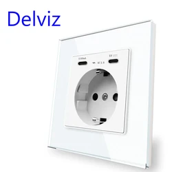 Delviz EU Standard USB Socket, USBC charging interface, Tempered Crystal Glass Panel, 16A Power Outlet, 5V 2A Type C Wall Socket